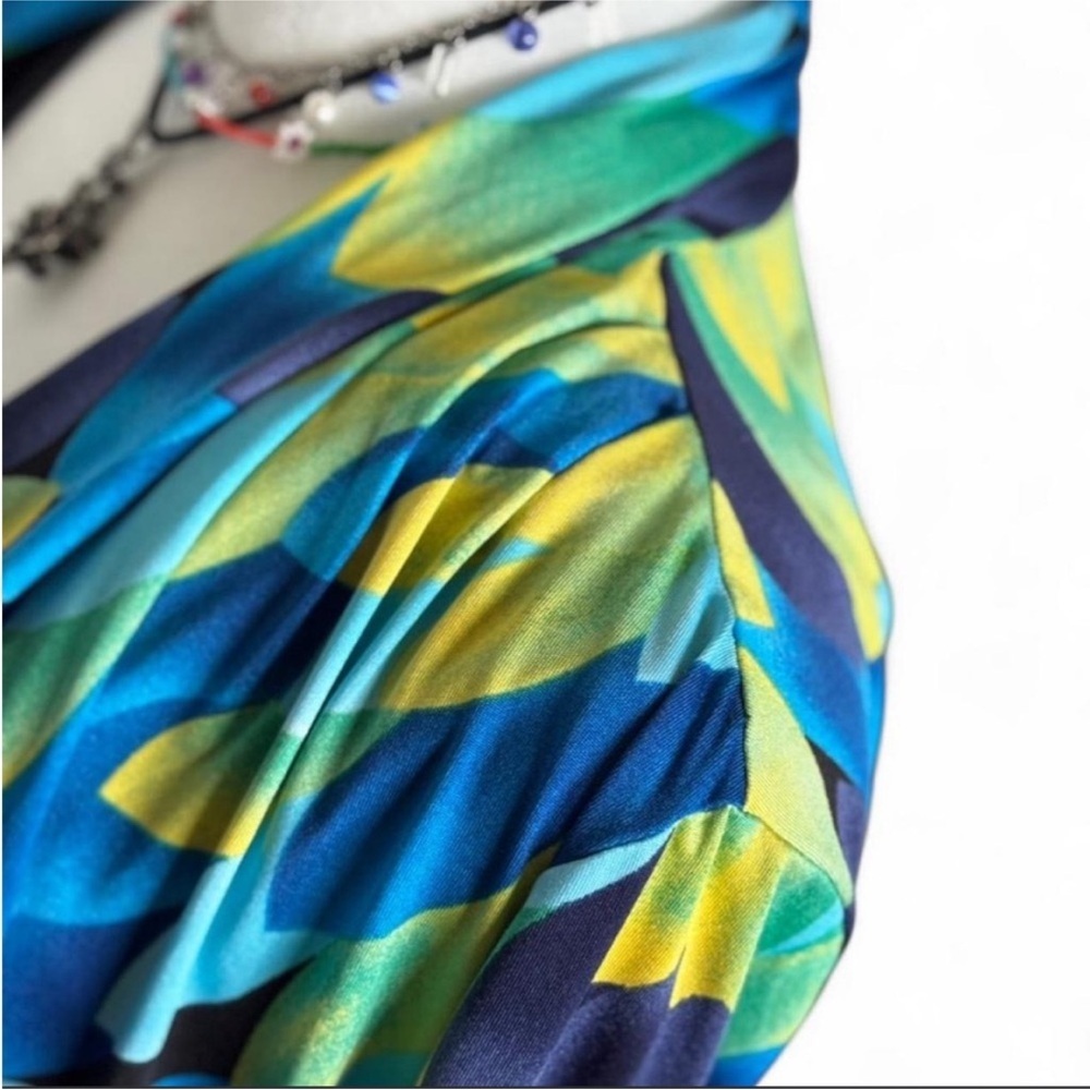 Blue & Green Feather-Print Tie-Front 2-In-1 Blouse - Picture 4 of 8